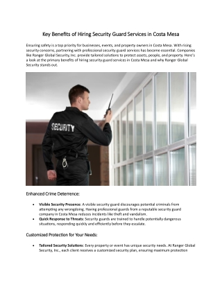 Key Benefits of Hiring Security Guard Services in Costa Mesa