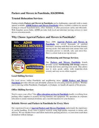 Packers and Movers in Panchkula, 8262850044.