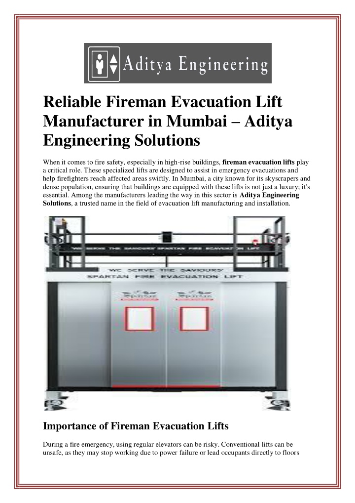 reliable fireman evacuation lift manufacturer