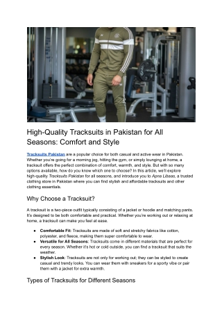 High-Quality Tracksuits in Pakistan for All Seasons