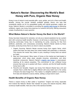 Nature's Nectar_ Discovering the World’s Best Honey with Pure, Organic Raw Honey