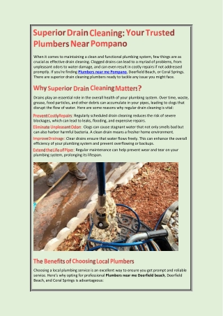 Superior Drain Cleaning Your Trusted Plumbers Near Pompano