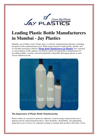 Leading Plastic Bottle Manufacturers in Mumbai - Jay Plastics