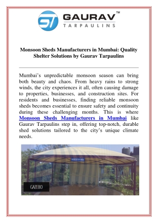 Monsoon Sheds Manufacturers in Mumbai Quality Shelter Solutions by Gaurav Tarpaulins