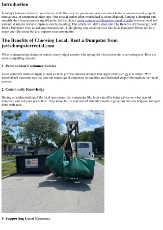 The Benefits of Choosing Local: Rent a Dumpster from javisdumpsterrental.com