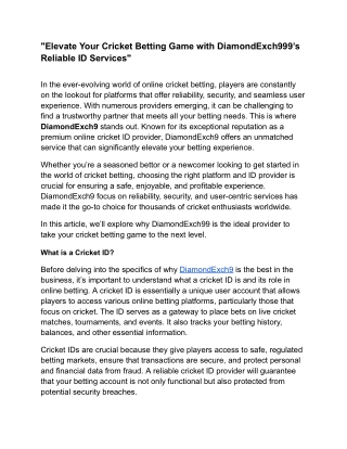 "Elevate Your Cricket Betting Game with DiamondExch999’s Reliable ID Services"