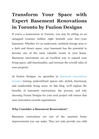 Transform Your Space with Expert Basement Renovations in Toronto by Fuzion Designs