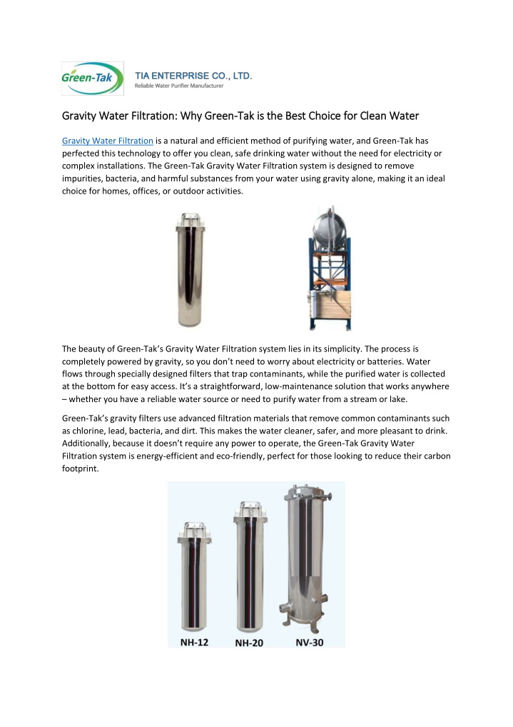 gravity water filtration why green gravity water