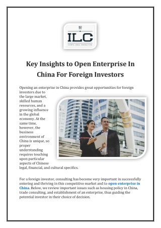 Key Insights To Open Enterprise In China For Foreign Investors