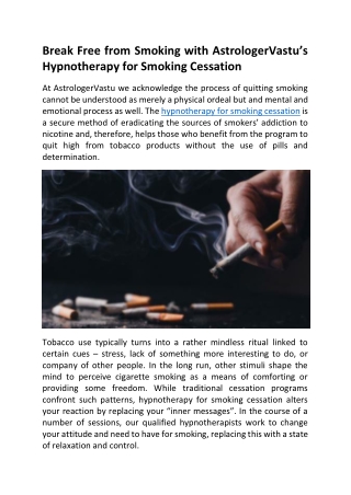 Break Free from Smoking with AstrologerVastu’s Hypnotherapy for Smoking Cessation