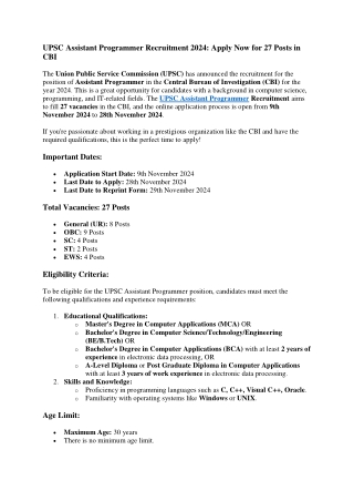 UPSC CBI Assistant Programmer Recruitment 2024 - 27 Posts