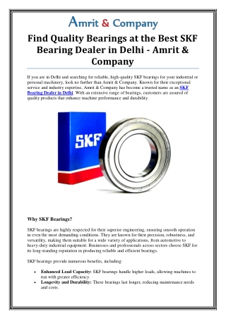 Trusted SKF Bearing Dealer in Delhi for High-Quality Bearings