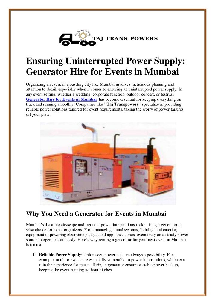 ensuring uninterrupted power supply generator