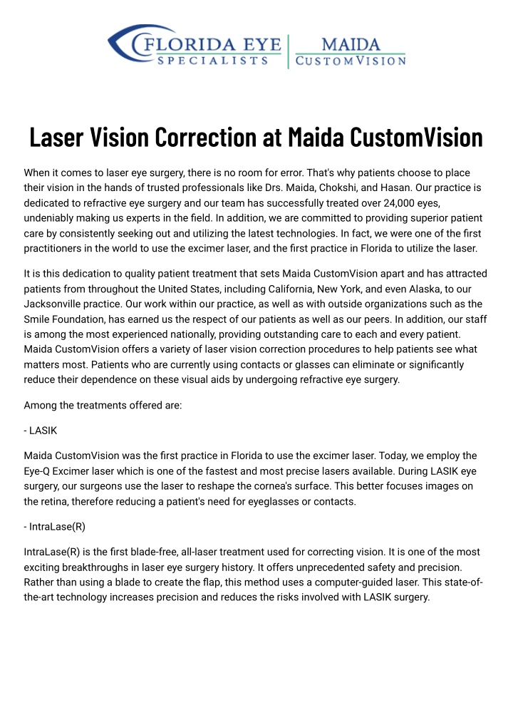 laser vision correction at maida customvision