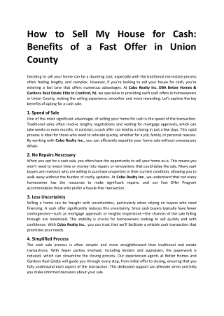 How to Sell My House for Cash Benefits of a Fast Offer in Union County.docx