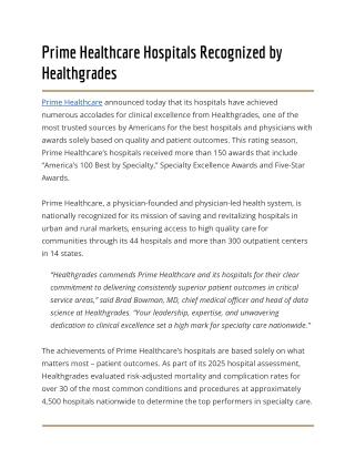 Prime Healthcare Hospitals Recognized by Healthgrades