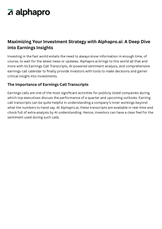 Maximizing Your Investment Strategy with Alphapro.ai A Deep Dive into Earnings Insights