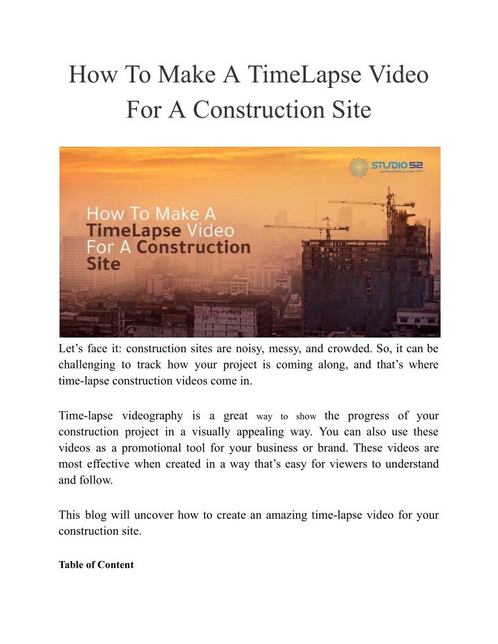 how to make a timelapse video for a construction