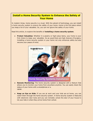 Install a Home Security System to Enhance the Safety of Your Home