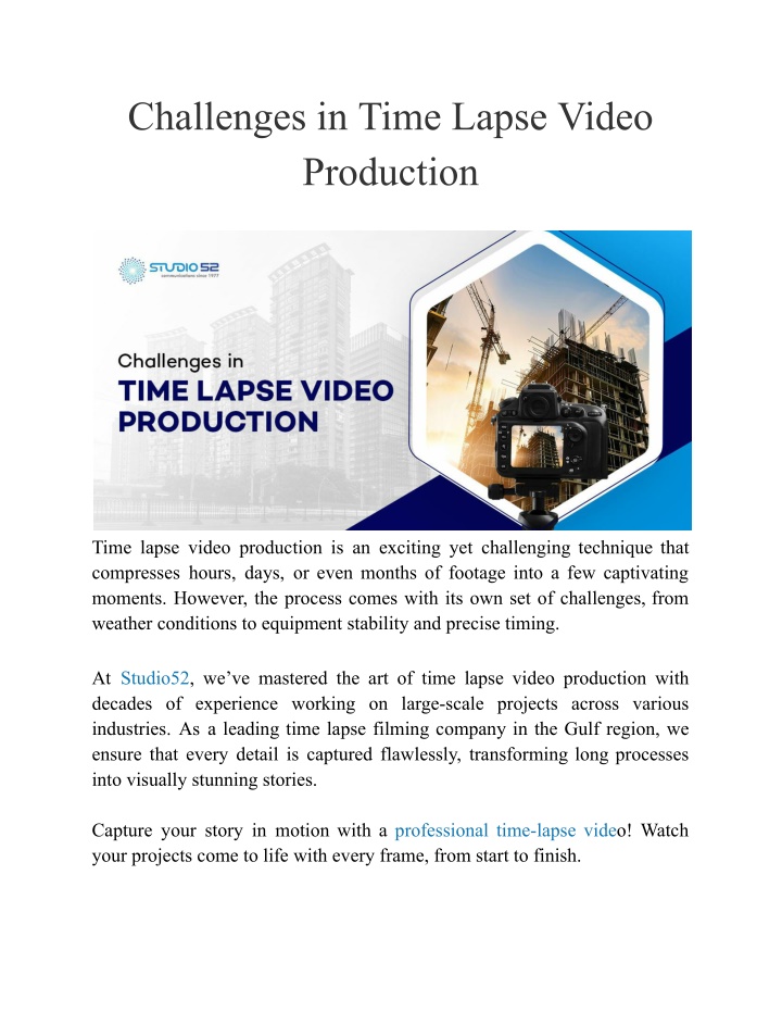 challenges in time lapse video production