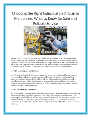 Choosing the Right Industrial Electrician in Melbourne What to Know for Safe and Reliable Service
