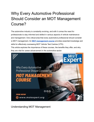 Why Every Automotive Professional Should Consider an MOT Management Course