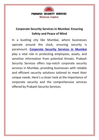 Corporate Security Services in Mumbai Ensuring Safety and Peace of Mind