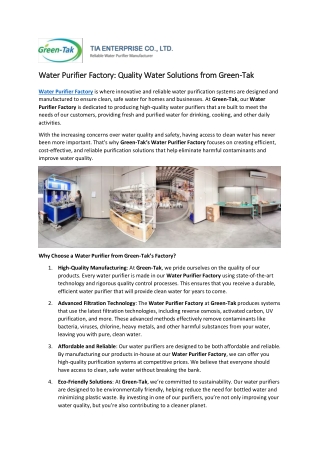 Water Purifier Factory: Quality Water Solutions from Green-Tak