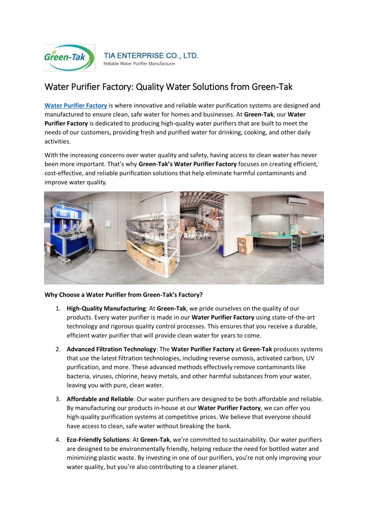 water purifier factory quality water solutions