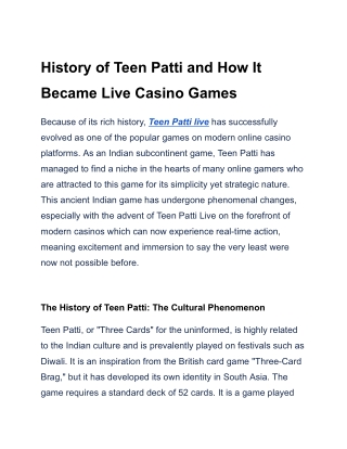 History of Teen Patti and How It Became Live Casino Games