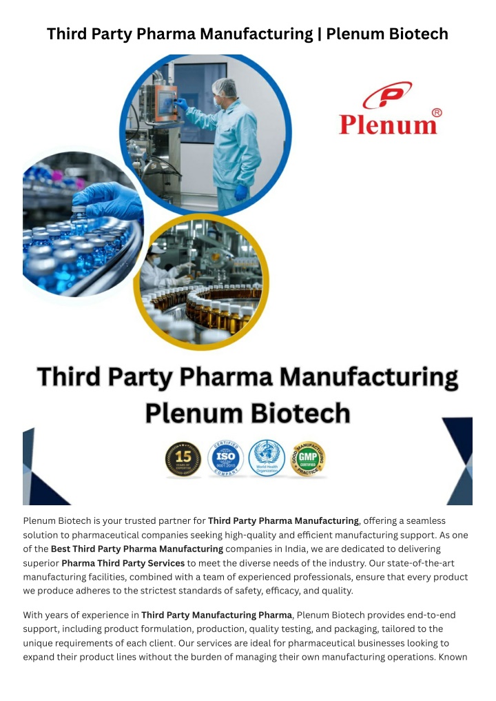 third party pharma manufacturing plenum biotech