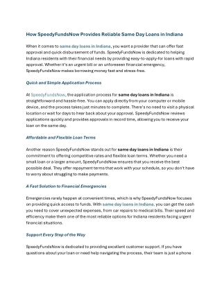 How SpeedyFundsNow Provides Reliable Same Day Loans in Indiana