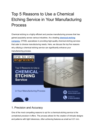 Top 5 Reasons to Use a Chemical Etching Service in Your Manufacturing Process