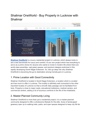 Shalimar OneWorld - Buy Property in Lucknow with Shalimar