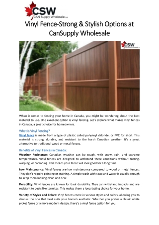 Vinyl Fence-Strong & Stylish Options at CanSupply Wholesale