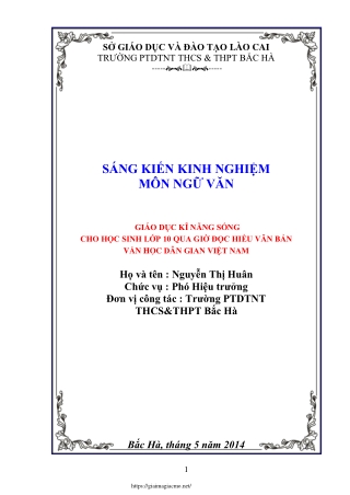 Giáo dục kĩ năng sống cho học sinh lớp 10 qua giờ đọc hiểu văn bản VHDG