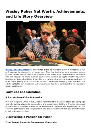 Wesley Poker Net Worth, Achievements, and Life Story Overview