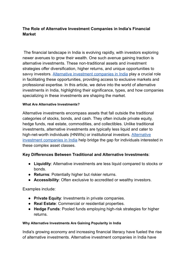 the role of alternative investment companies