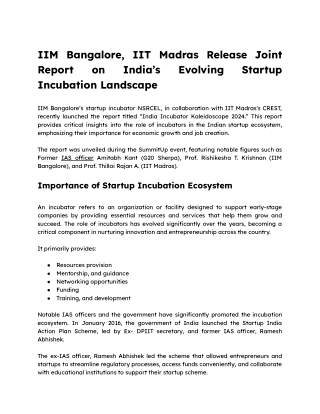 IIM Bangalore, IIT Madras Release Joint Report on India’s Evolving Startup Incubation Landscape