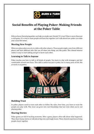 Social Benefits of Playing Poker: Making Friends at the Poker Table