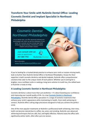 Transform Your Smile with NuSmile Dental Office Leading Cosmetic Dentist and Implant Specialist in Northeast Philadelphi