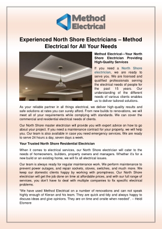 Experienced North Shore Electricians – Method Electrical for All Your Needs