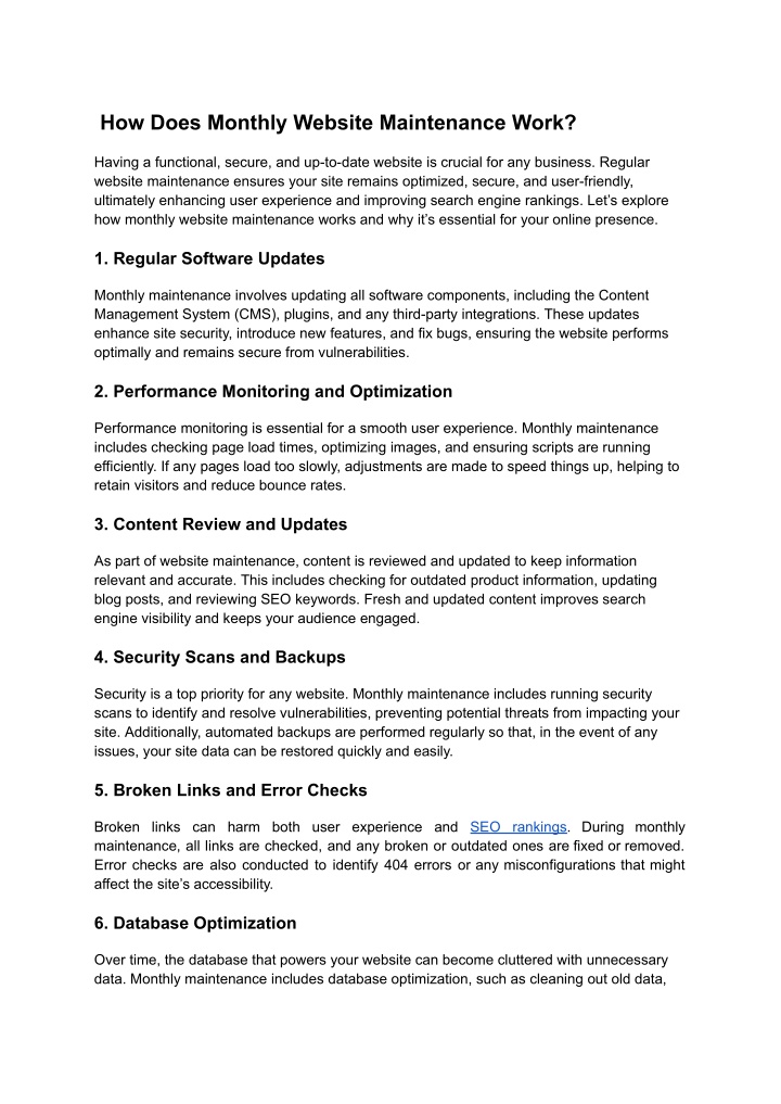 how does monthly website maintenance work