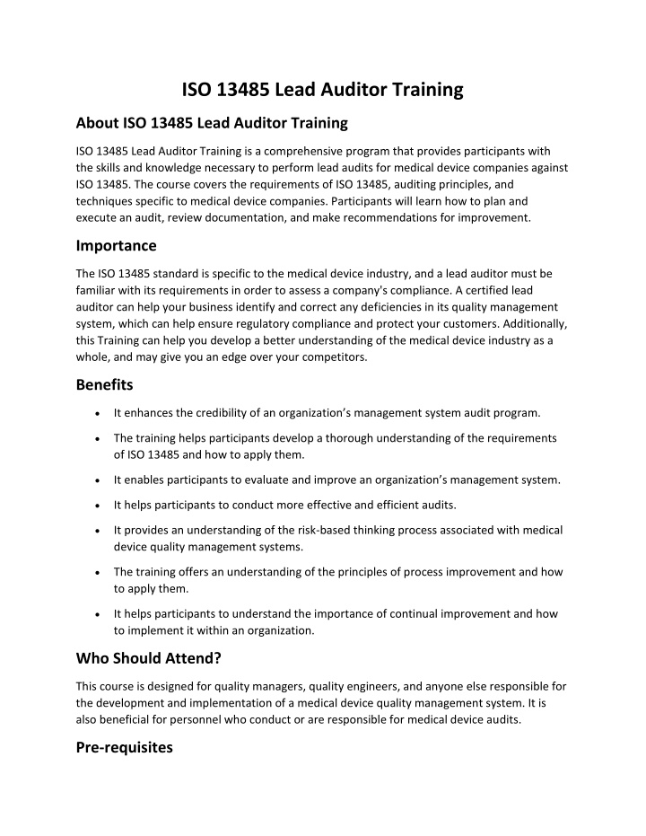 iso 13485 lead auditor training