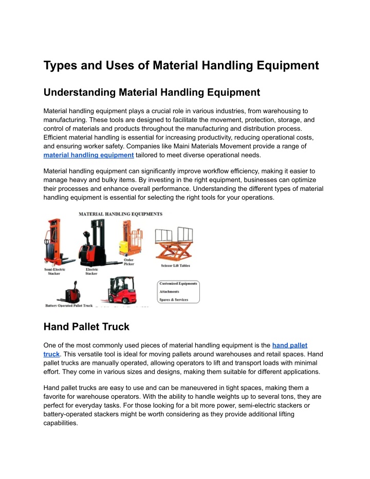 types and uses of material handling equipment