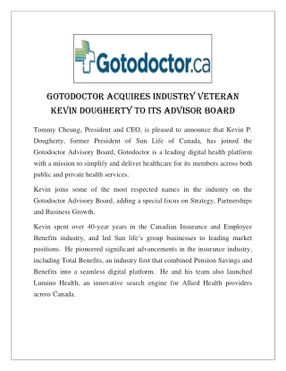 Gotodoctor acquires Industry Veteran Kevin Dougherty to its advisor board