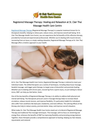 Registered Massage Therapy: Healing and Relaxation at St. Clair Thai Massage Hea