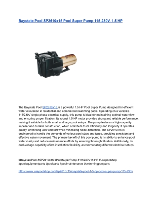 Baystate Pool SP2610x15 Pool Super Pump 115-230V, 1