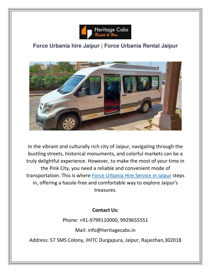 force urbania hire jaipur force urbania rental