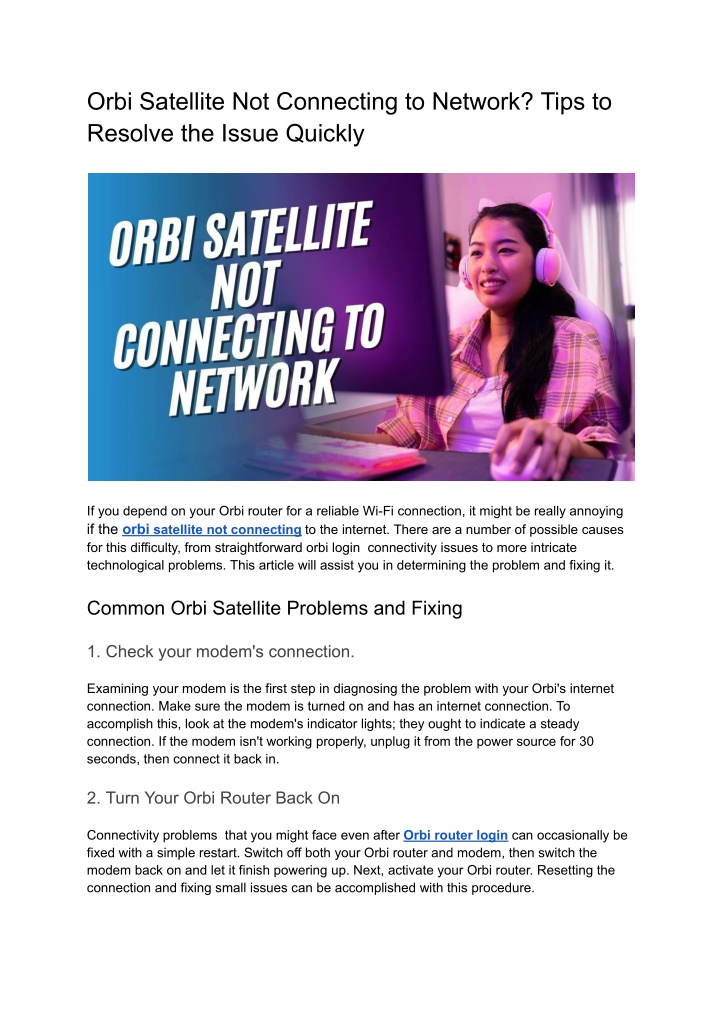 orbi satellite not connecting to network tips